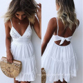 Best selling Summer Sweet Casual Party Style Dresses Striped  sling sexy v-neck bow lace splice dress